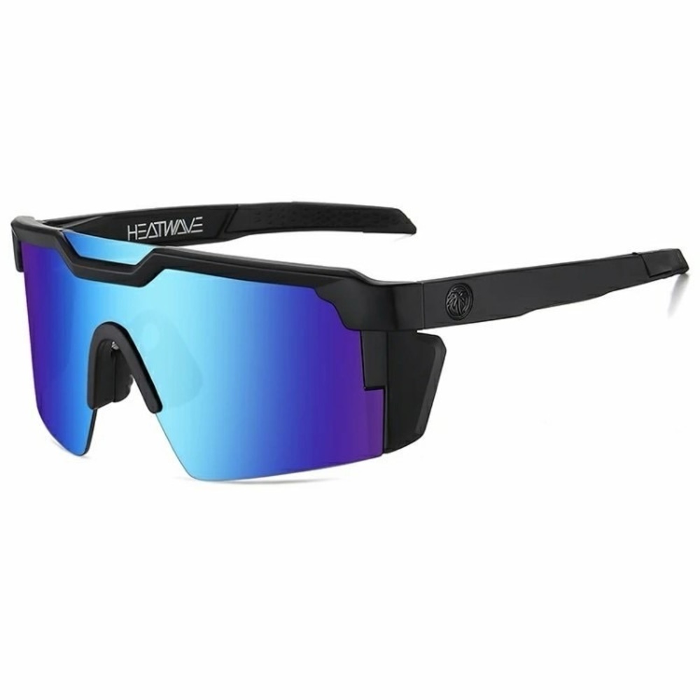 US NIB Large Shield Rimless Sunglasses Z87 Black Frame Flash Blue Mirror Lens